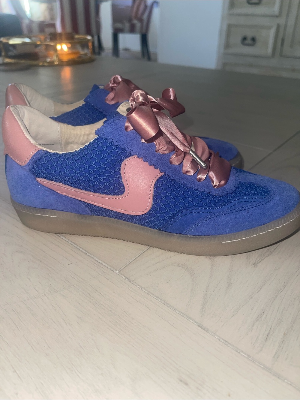 Blue and Pink Women Sneakers with Satin Ribbon Laces